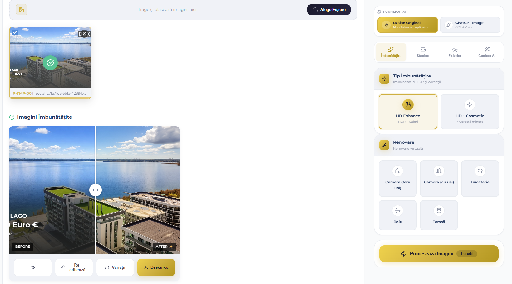 Rezultate procesare cu comparație