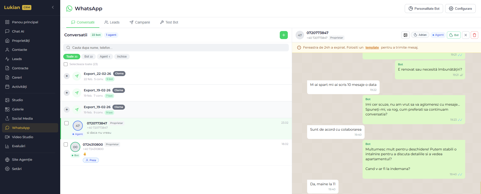 WhatsApp — lista conversații active
