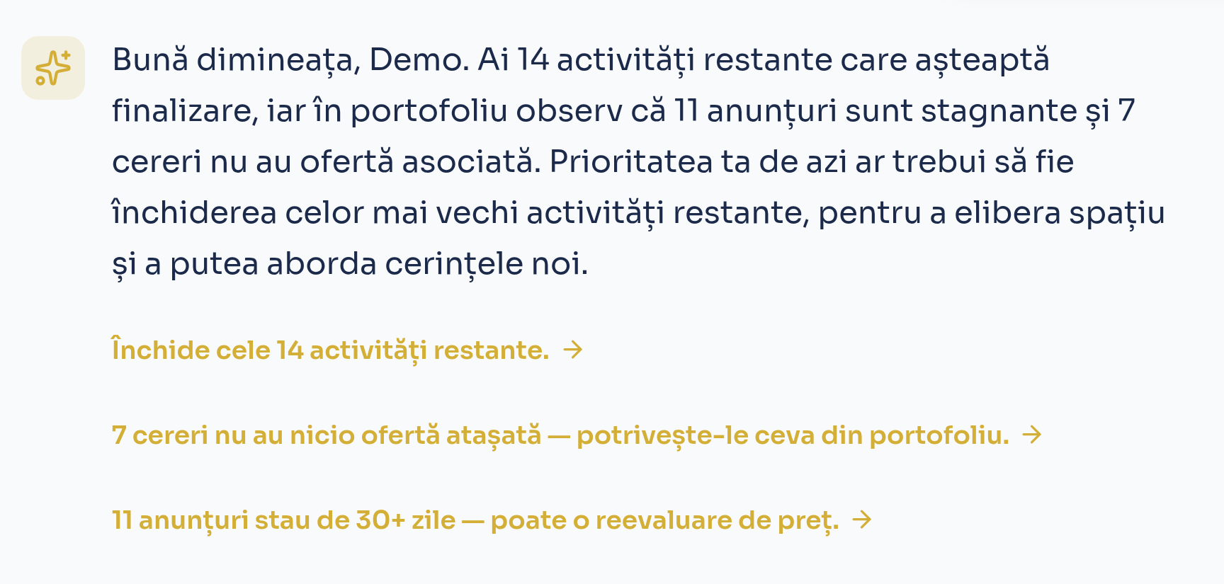 Sugestiile CRM-ului pentru ziua curentă
